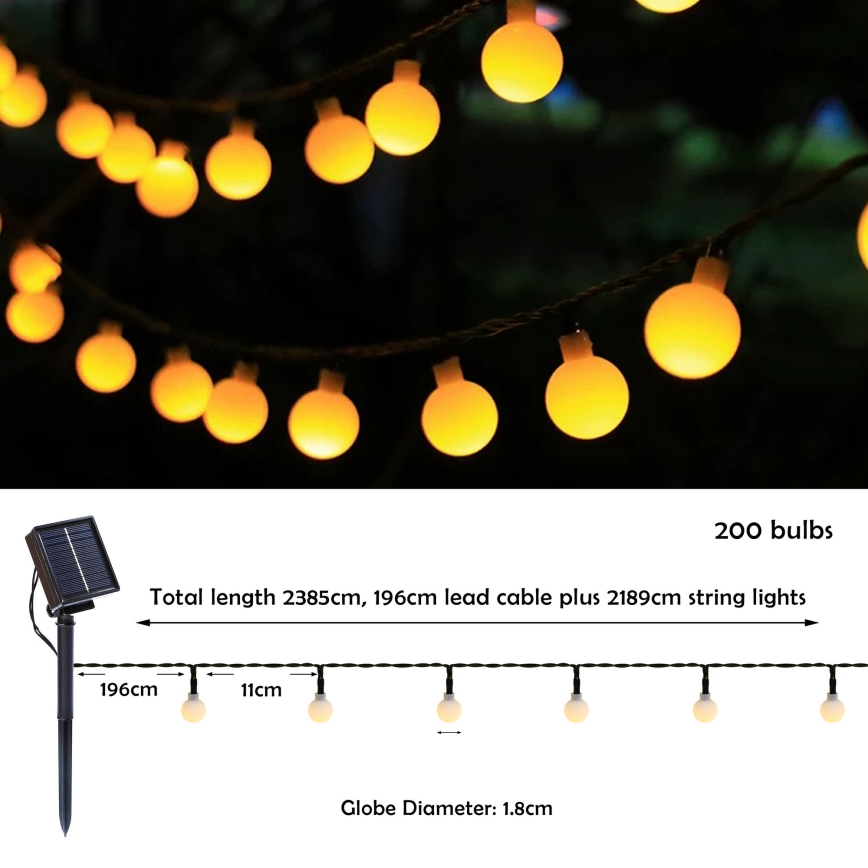 Brilagi - LED Соларен декоративни лампички BUBBLE 200xLED/8 функции 20m IP65 топло бяло