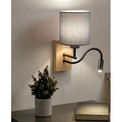 Brilagi - LED гъвкава настенна лампа NUBILA WOOD 1xE27/25W/230V + LED/3W дъб/черен/светлосив