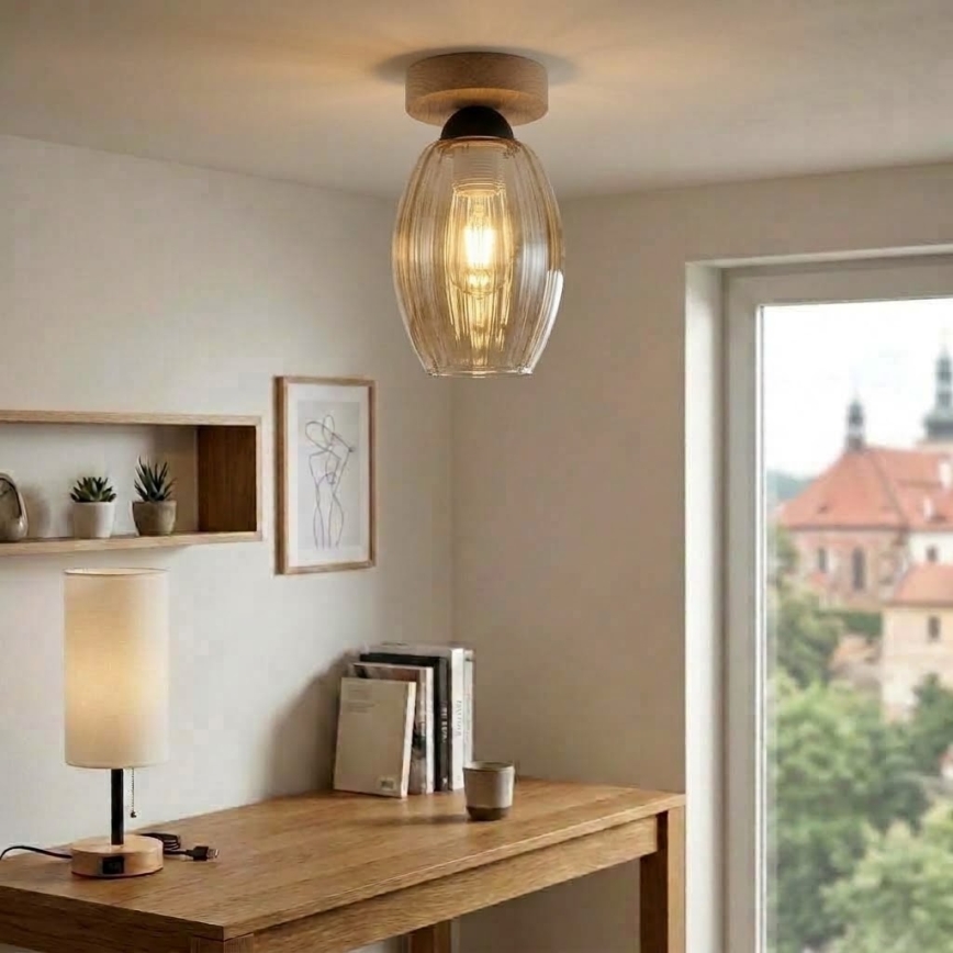 BRILAGI - LED таванно осветително тяло RETRO GLASS 1xE27/60W/230V Ø 17 см дъб/опушено бежово