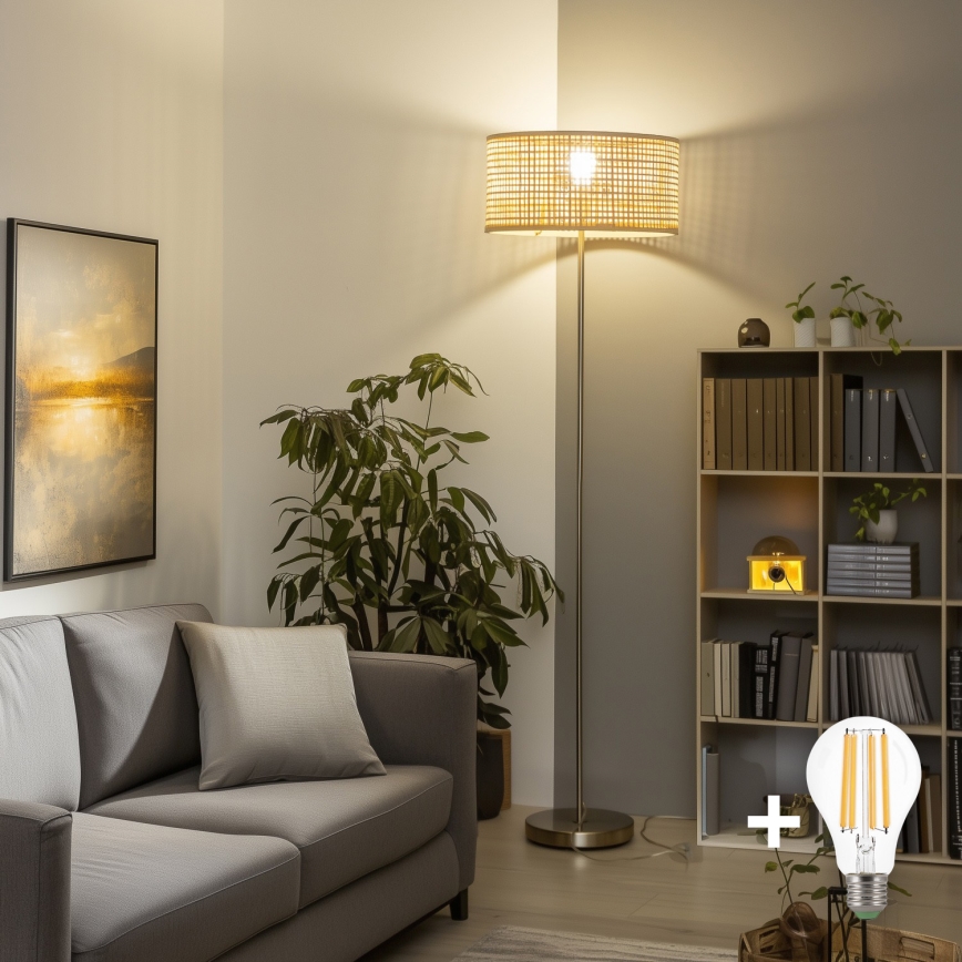 Brilagi - LED торшер CERIA 1xE27/40W/230V Ø 40 см бамбук/матов хром