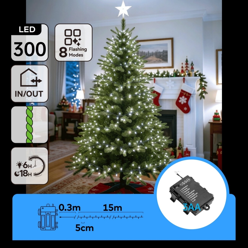 BRILAGI - LED Външна коледна гирлянда 300xLED/3xAA/8 функции 15,3m IP44 студено бяло
