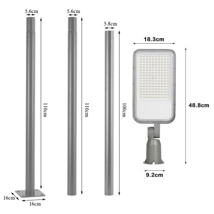 Brilagi - LED външна улична лампа с колона и шарнир 3 m URBANLIGHT LED/100W/230V сива IP65