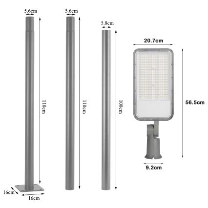 Brilagi - LED външна улична лампа с 3-метров стълб и шарнир URBANLIGHT LED/200W/230V сива IP65