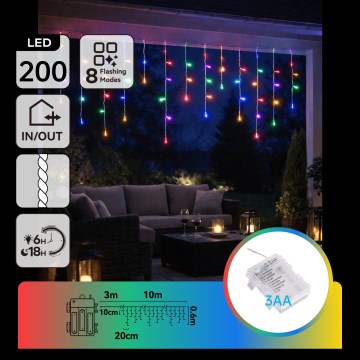 BRILAGI - LED външна коледна гирлянда 200xLED/3xAA/8 режима 13x0,6m IP44 многоцветна