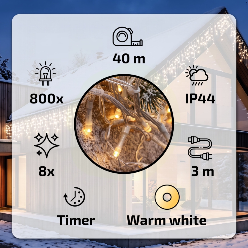 BRILAGI - LED външна коледна гирлянда 800xLED/8 функции 43m IP44 топла бяла ледени висулки