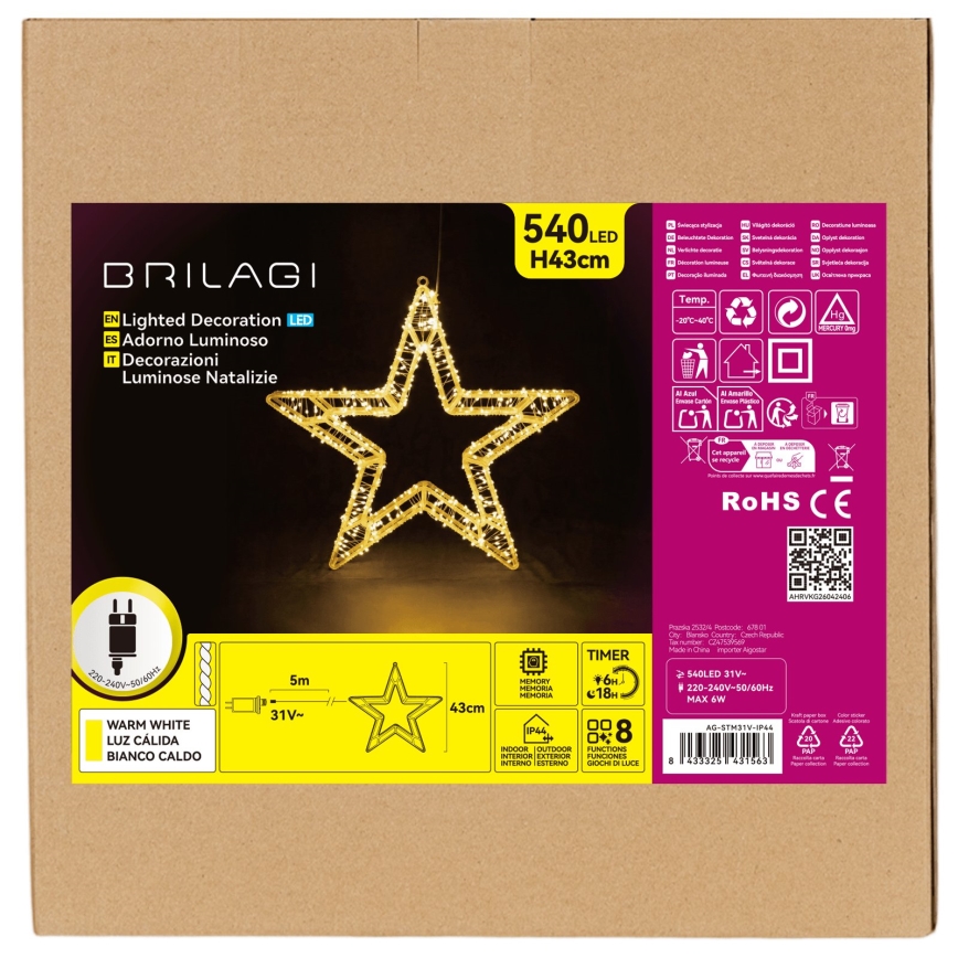 BRILAGI - LED външна коледна украса LED/6W/8 функции 43 cm IP44 топла бяла звезда