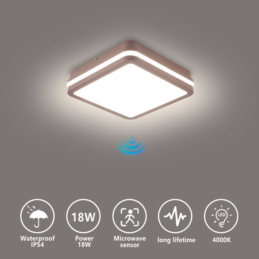 Brilagi - LED външно таванно осветително тяло BENE със сензор, LED/18W/230V, 21,5x21,5 cm, кафяво, IP54