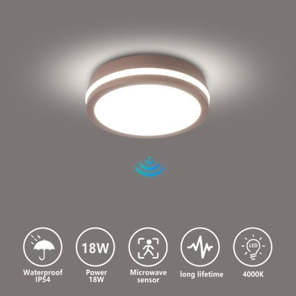 Brilagi - LED външно таванно осветително тяло с сензор BENE LED/18W/230V Ø 21,5 см кафяво IP54