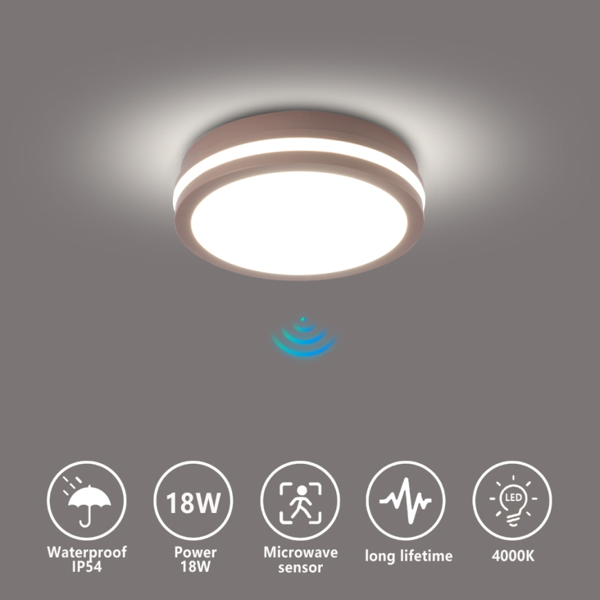 Brilagi - LED външно таванно осветително тяло с сензор BENE LED/18W/230V Ø 21,5 см кафяво IP54