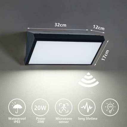 Brilagi - LED външно стенна лампа с сензор TRIANGLE LED/20W/230V черен IP65