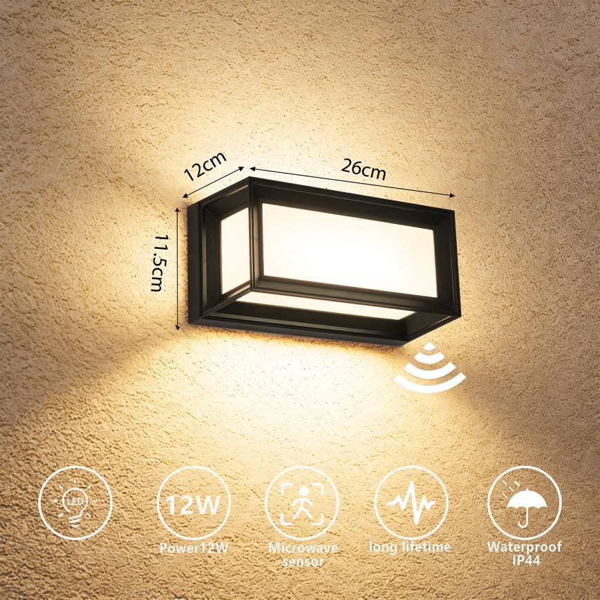 Brilagi - LED външно стенно осветително тяло PARKER със сензор LED/12W/230V, черно, IP44