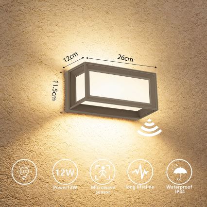 Brilagi - LED външно стеннo осветително тяло със сензор PARKER LED/12W/230V сиво IP44