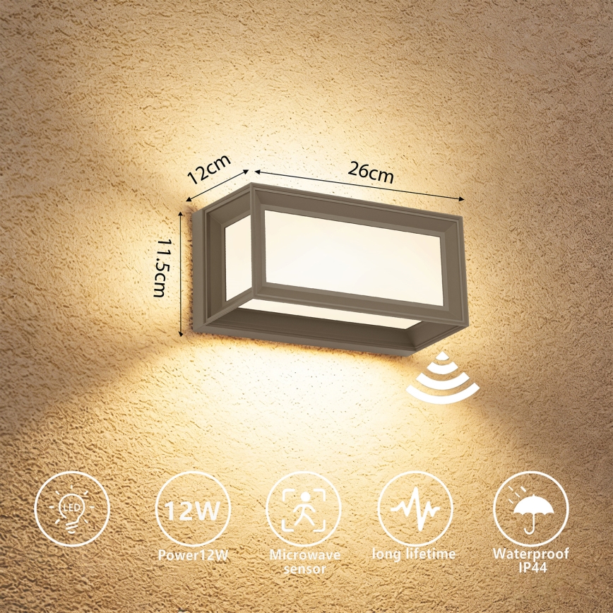 Brilagi - LED външно стеннo осветително тяло със сензор PARKER LED/12W/230V сиво IP44