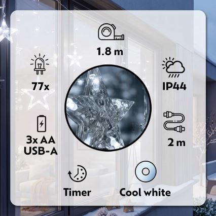 BRILAGI - LED Коледна екстериорна завеса 77xLED/3xAA/USB 1,8м IP44 студено бял