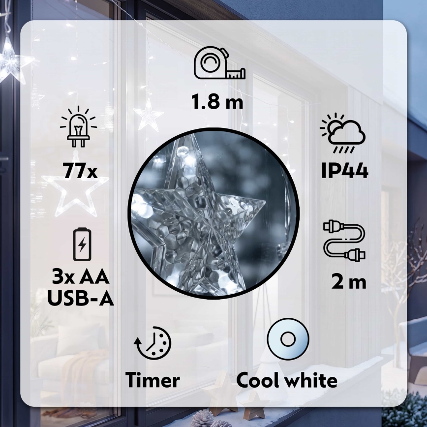 BRILAGI - LED Коледна екстериорна завеса 77xLED/3xAA/USB 1,8м IP44 студено бял