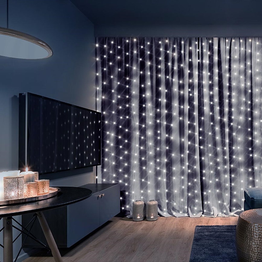 Brilagi - LED Коледна завеса 300xLED/8 функции/3xAA/USB 1,2м студено бяла