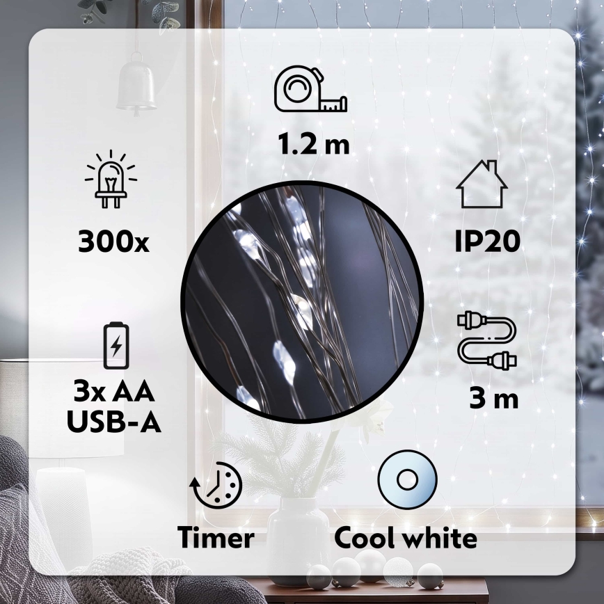 BRILAGI - LED Коледна завеса 300xLED/8 функции/3xAA/USB 1,2м студено бяла