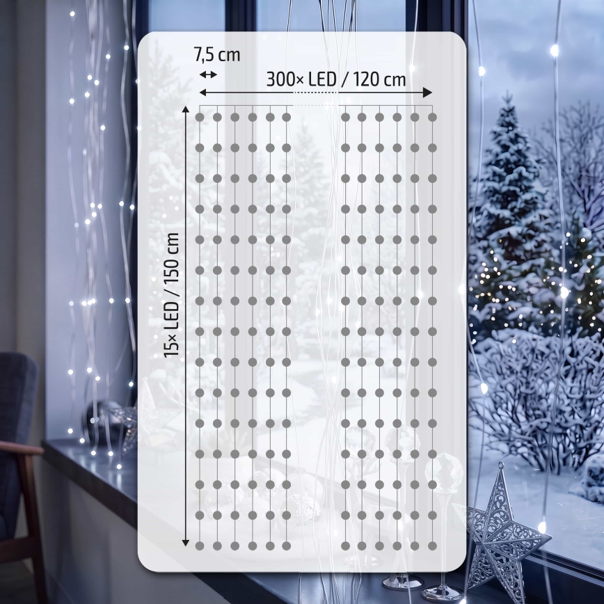 BRILAGI - LED Коледна завеса 300xLED/8 функции/3xAA/USB 1,2м студено бяла