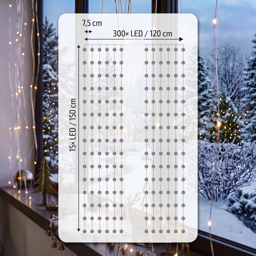 BRILAGI - LED коледна завеса 300xLED/8 функции/3xAA/USB 1,2m топло бяло