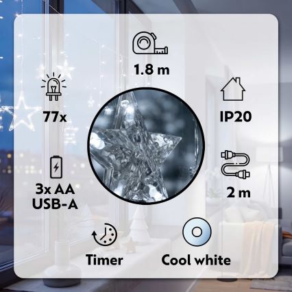 BRILAGI - LED Коледна завеса 77xLED/3xAA/USB 1,8м студено бял