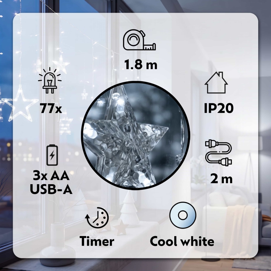 BRILAGI - LED Коледна завеса 77xLED/3xAA/USB 1,8м студено бял