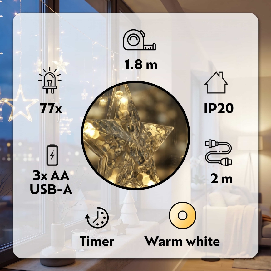 BRILAGI - LED Коледна завеса 77xLED/3xAA/USB 1,8м топло бял