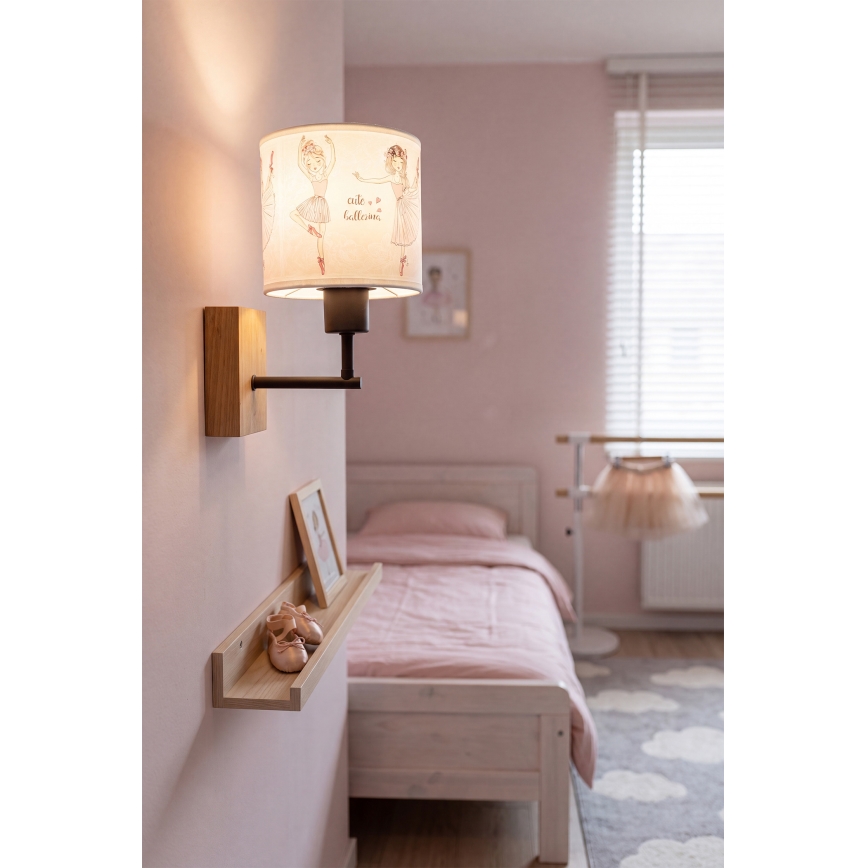 Brilagi - Детска стенна лампа BOBO WOOD 1xE27/25W/230V дъб/черен/бял/розов/балерини