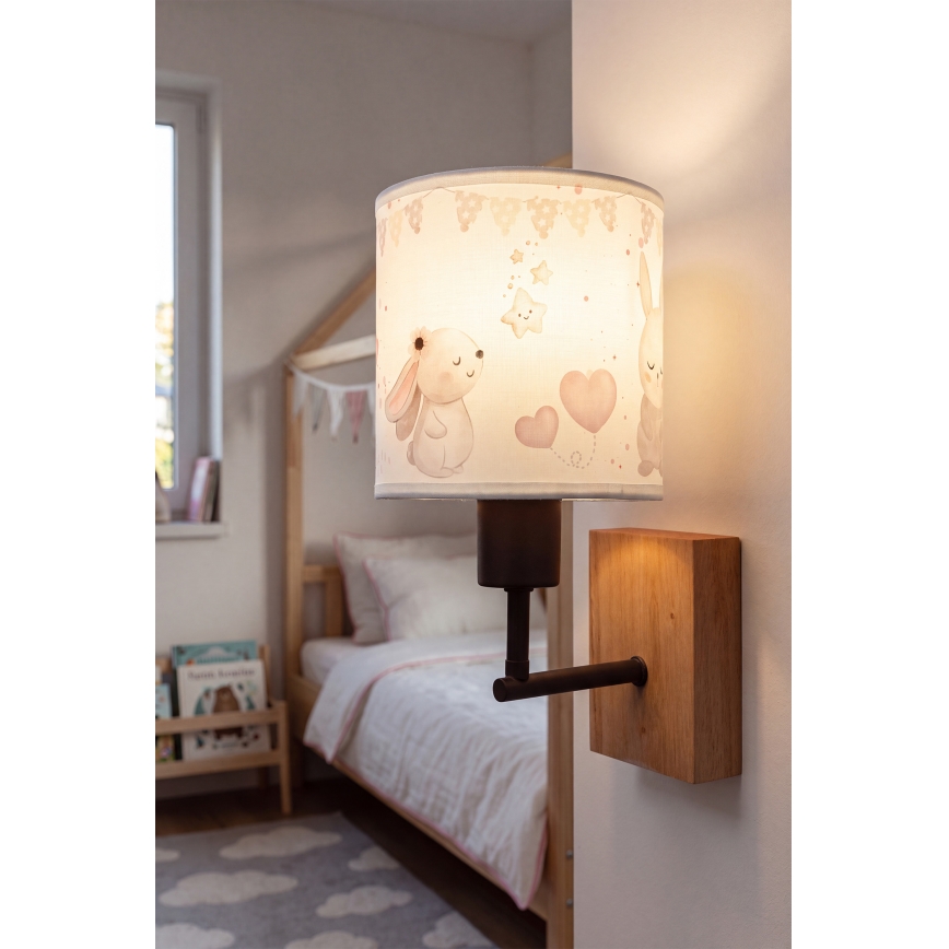Brilagi - Детска стенна лампа BOBO WOOD 1xE27/25W/230V дъб/черен/кремав/зайчета