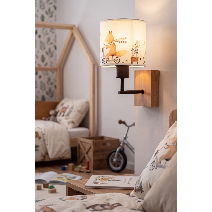 Brilagi - Детска стенна лампа BOBO WOOD 1xE27/25W/230V дъб/черно/бяло/с животински мотиви