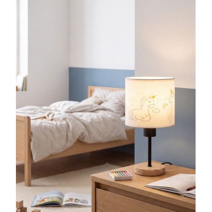 Brilagi - Детска настолна лампа BOBO WOOD 1xE27/25W/230V дъб/черна/бяла/еднорози
