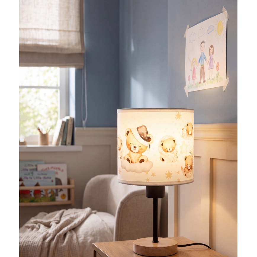 Brilagi - Детска настолна лампа BOBO WOOD 1xE27/25W/230V дъб/черен/бял/мечета
