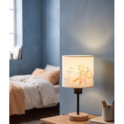 Brilagi - Детска настолна лампа BOBO WOOD 1xE27/25W/230V дъб/черен/бял/с животински мотиви