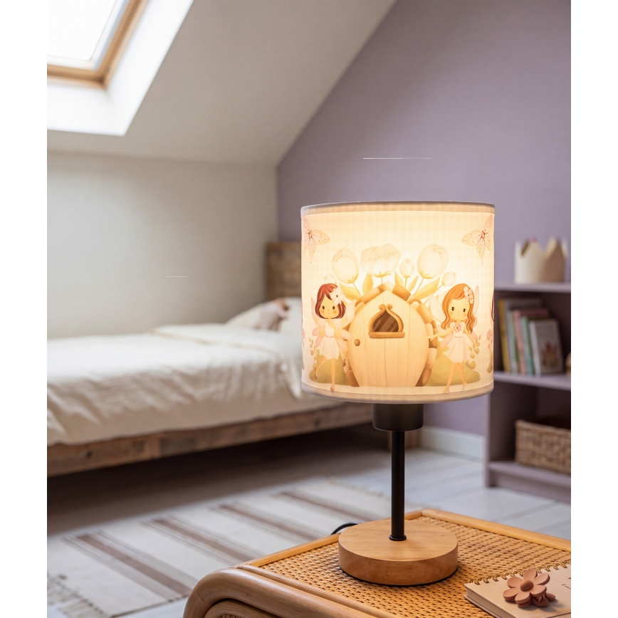 Brilagi - Детска настолна лампа BOBO WOOD 1xE27/25W/230V дъб/черна/бяла/розова/феи
