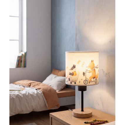 Brilagi - Детска настолна лампа BOBO WOOD 1xE27/25W/230V дъб/черен/бял/с животински мотиви
