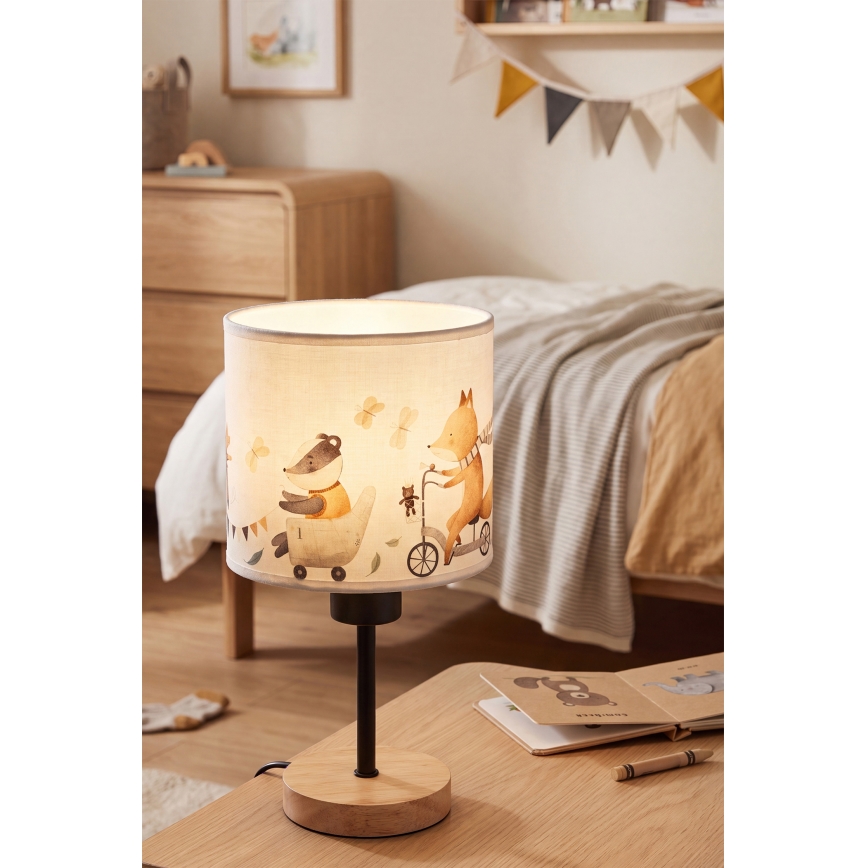 Brilagi - Детска настолна лампа BOBO WOOD 1xE27/25W/230V дъб/черен/бял/с животински мотиви