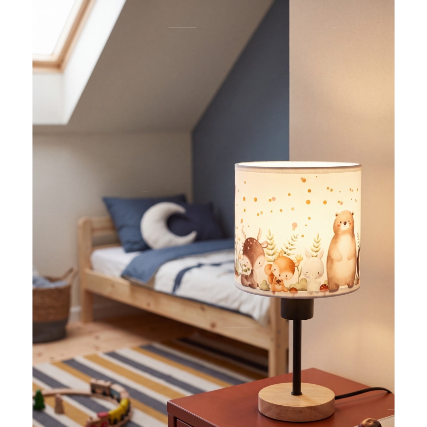 Brilagi - Детска настолна лампа BOBO WOOD 1xE27/25W/230V дъб/черен/бял/с животински мотиви