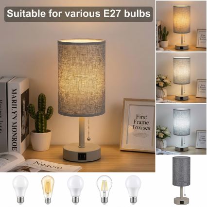 Brilagi - Настолна лампа с USB порт TABLON 1xE27/25W/230V бежова/сива