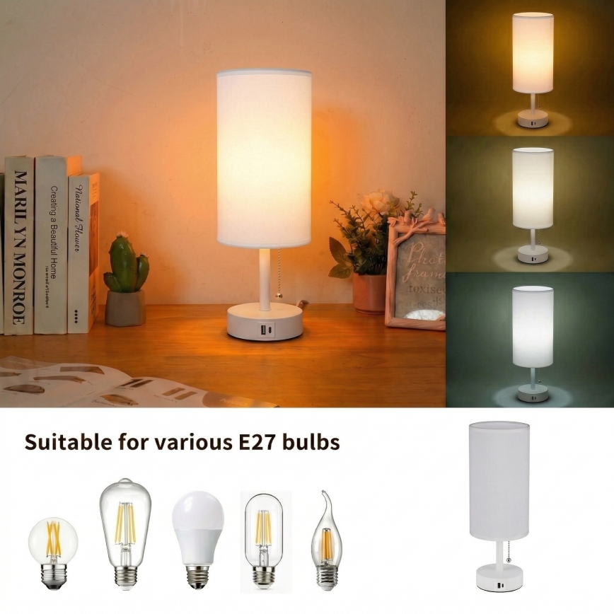 Brilagi - Настолна лампа с USB порт TABLON 1xE27/25W/230V бяла