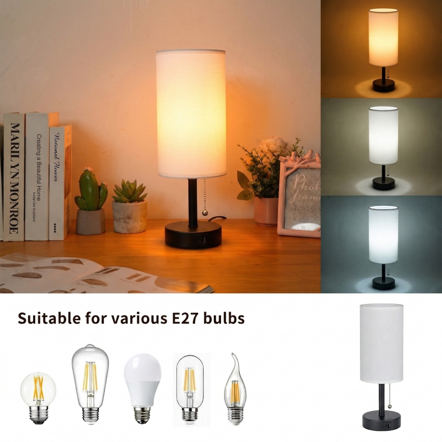 Brilagi - Настолна лампа с USB порт TABLON 1xE27/25W/230V черна/бяла