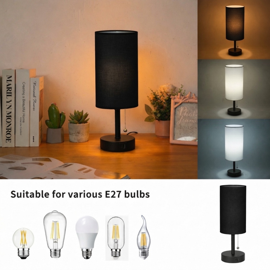 Brilagi - Настолна лампа с USB порт TABLON 1xE27/25W/230V черна