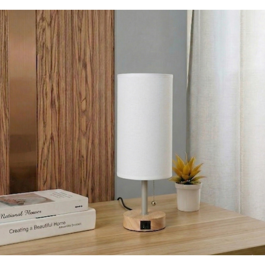 Brilagi - Настолна лампа с USB порт TABLON 1xE27/25W/230V дъб/бежова/бяла