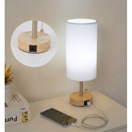 Brilagi - Настолна лампа с USB порт TABLON 1xE27/25W/230V дъб/бежова/бяла