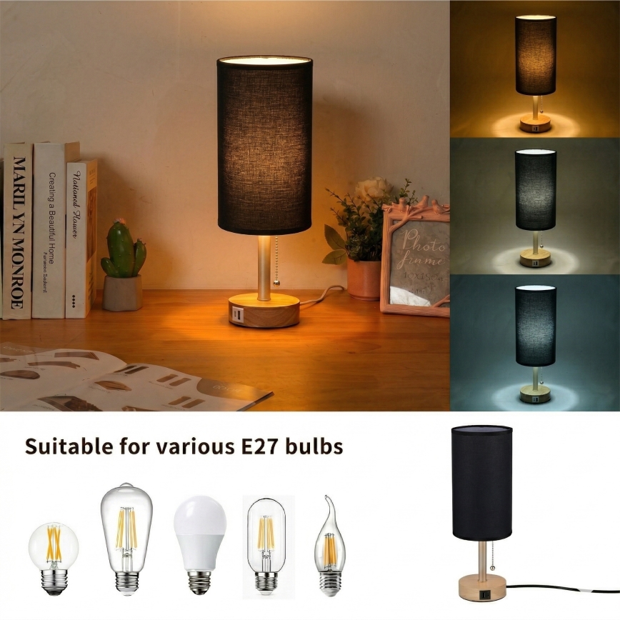 Brilagi - Настолна лампа с USB порт TABLON 1xE27/25W/230V дъб/бежова/черна