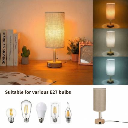 Brilagi - Настолна лампа с USB порт TABLON 1xE27/25W/230V дъб/бежова