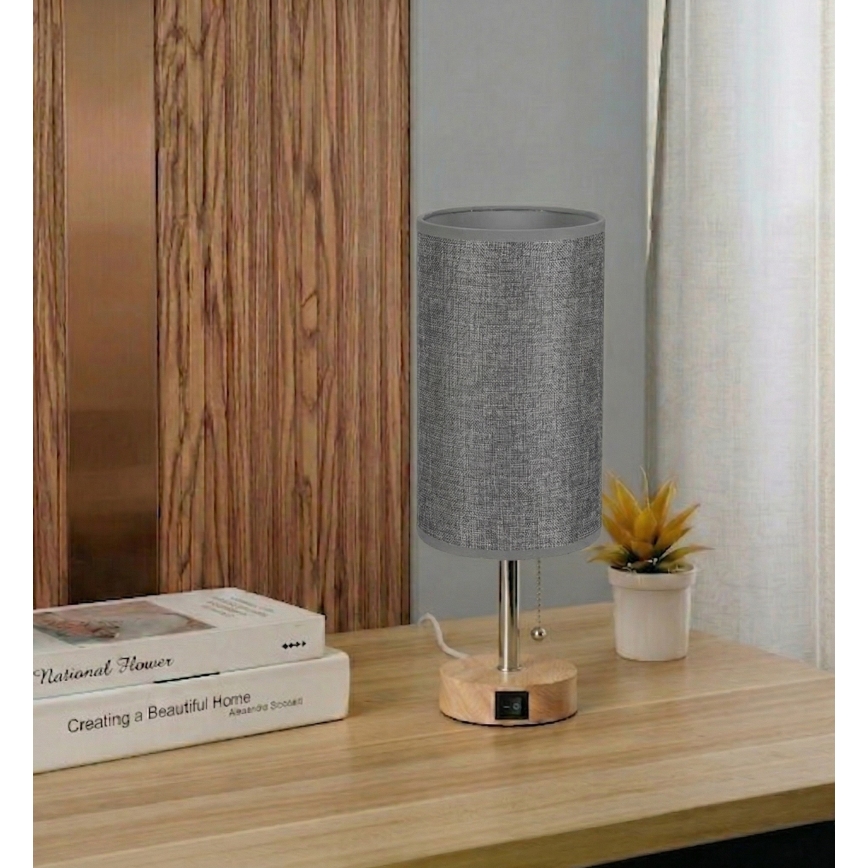 Brilagi - Настолна лампа с USB порт TABLON 1xE27/25W/230V дъб/бежова/сива