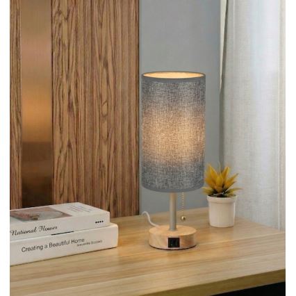 Brilagi - Настолна лампа с USB порт TABLON 1xE27/25W/230V дъб/бежова/сива