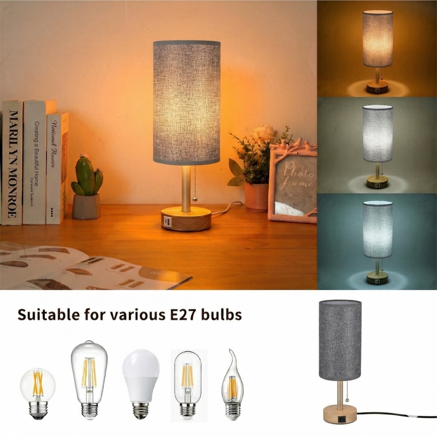 Brilagi - Настолна лампа с USB порт TABLON 1xE27/25W/230V дъб/бежова/сива