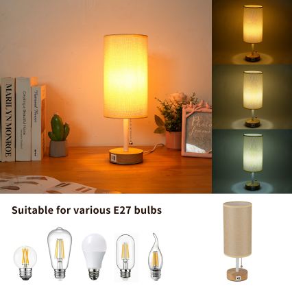 Brilagi - Настолна лампа с USB порт TABLON 1xE27/25W/230V дъб/бял/бежов