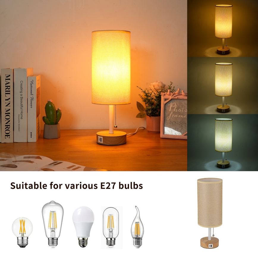 Brilagi - Настолна лампа с USB порт TABLON 1xE27/25W/230V дъб/бял/бежов