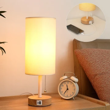 Brilagi - Настолна лампа с USB порт TABLON 1xE27/25W/230V дъб/бял/крем